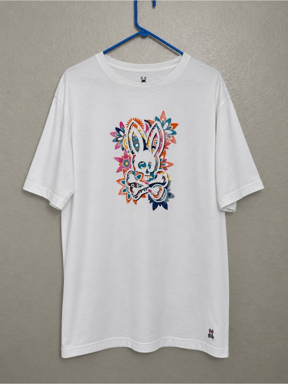 Psycho Bunny White Tee with Multicolor Floral Bunny Graphic